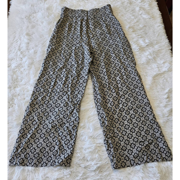 Zara‎ Woman Navy Blue & White Mosaic Pattern Wide Leg High Rise Pant. Size XS - Picture 3 of 9